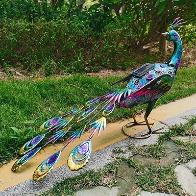 Decoración accionada solar de la boda del partido del patio trasero de las luces del arte del metal de la estatua solar al aire libre del pavo real