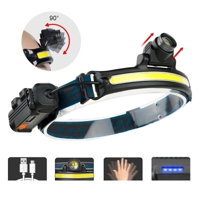 Linterna frontal de inducción recargable por USB, linterna frontal LED COB con Zoom, batería integrada, linterna multifunción, 6 modos, linterna frontal